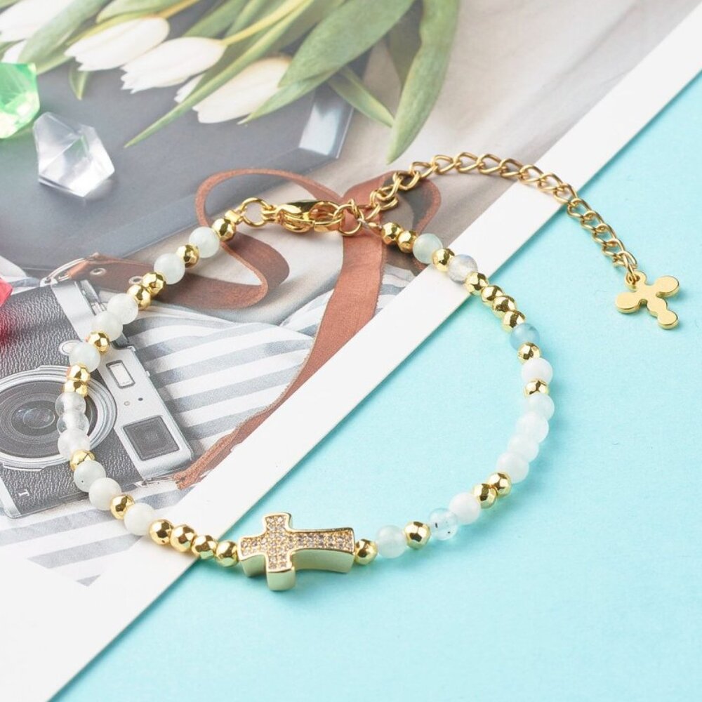💝5/$25💖 Dainty Cross Pave Cz & Natural Aquamarine, Gemstone bracelet W cross